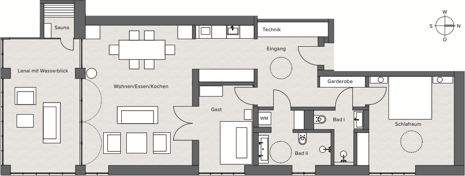 Grundriss einer 3-Zimmer Wohnung im Erdgeschoss